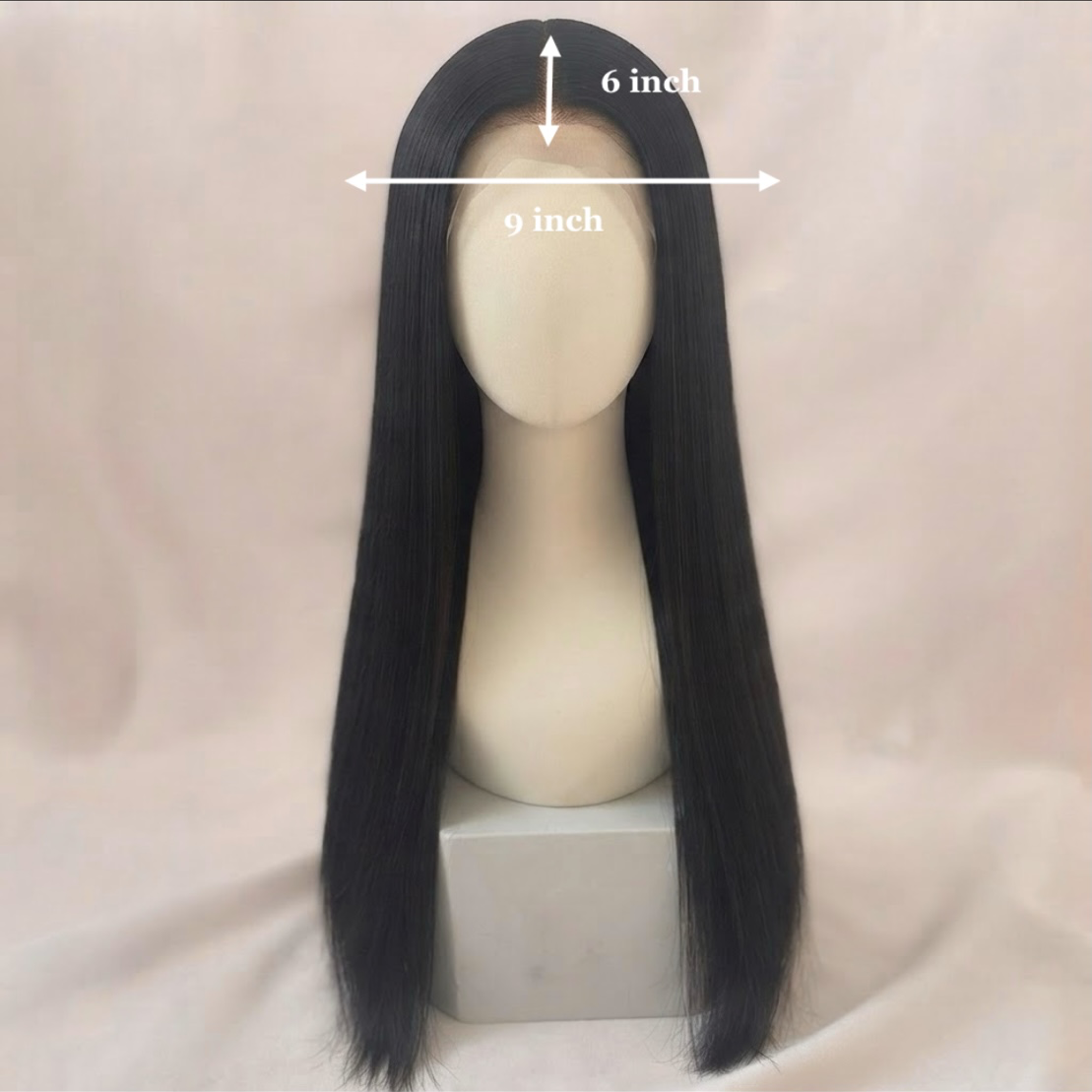 Perruque lisse Naomi BYNERIMA sur tête mannequin, avec des indications graphiques de dimensions de 9x6 pouces pour la lace.