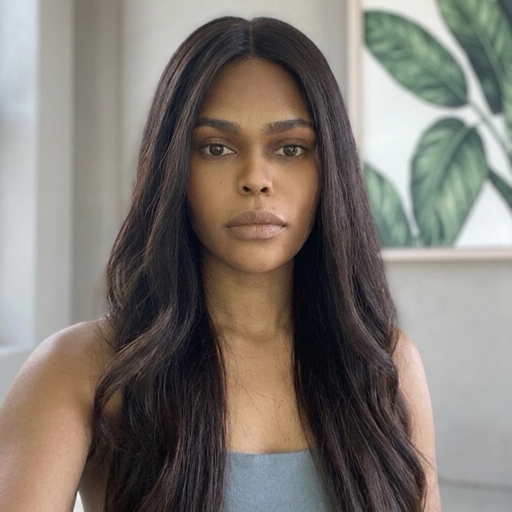 Modèle de face portant la perruque lisse Naomi BYNERIMA de couleur 1B aux cheveux longs.