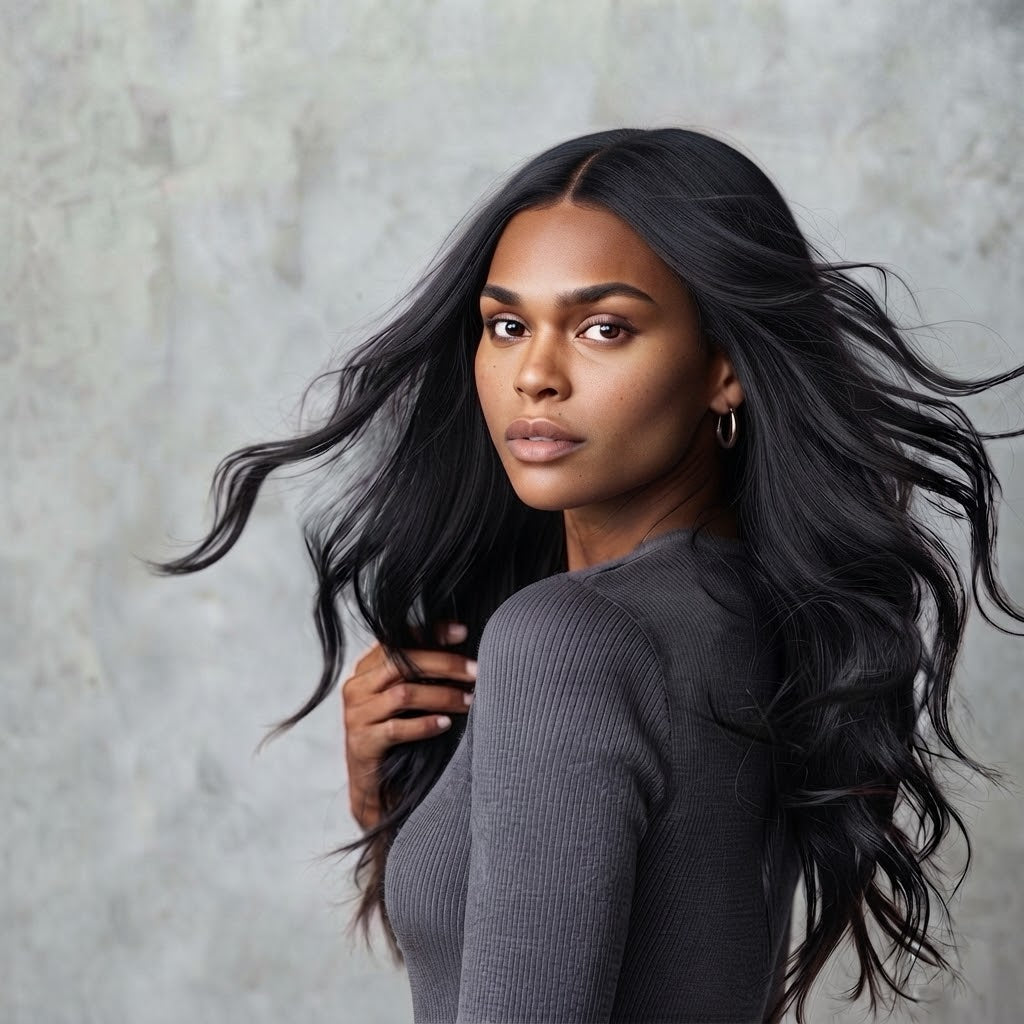 Modèle en haut gris tournant la tête vers la caméra, mettant en valeur le mouvement de ses longs cheveux noirs avec la perruque Naomi BYNERIMA.