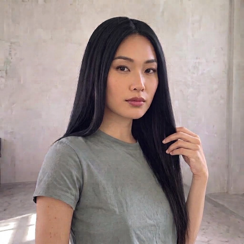 Modèle en t-shirt vert d'eau touchant une mèche de ses longs cheveux lisses avec la perruque Naomi BYNERIMA.