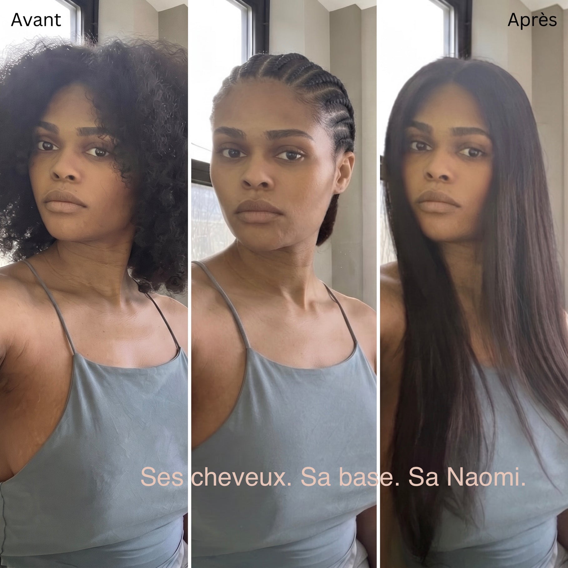 Triptyque avant-après montrant le modèle avec ses cheveux naturels, ses cheveux tressés, puis portant la perruque Naomi BYNERIMA.